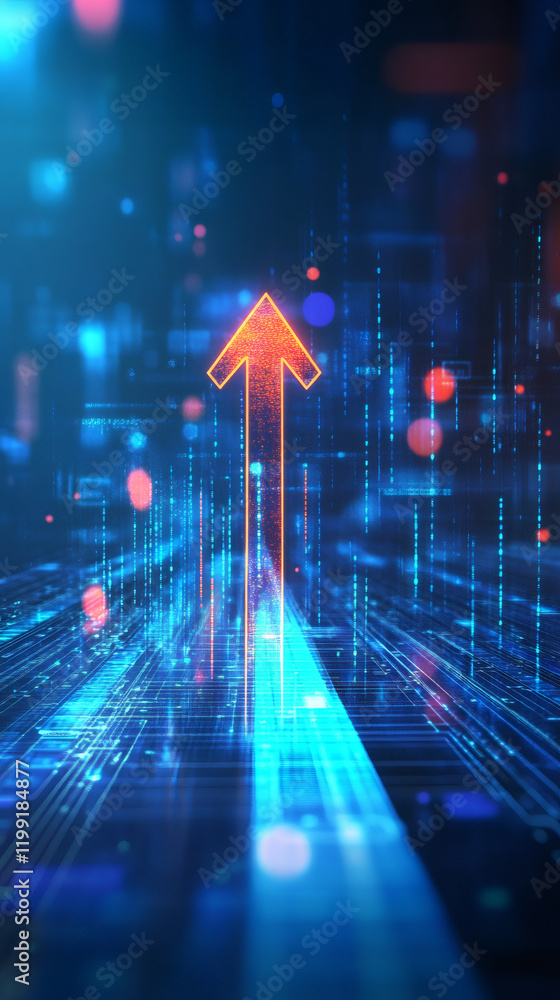 Poster red glowing arrow rising on digital binary code background suggesting increasing business and techno