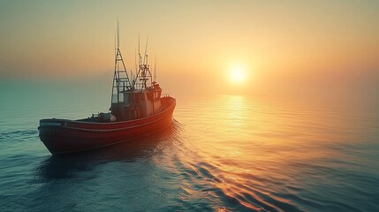 Fototapeta premium Fishing boat at sunset on calm ocean.