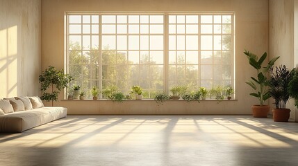 A sunlit minimalist room with beige walls and a concrete floor offers an ideal setting for both office and living room setups. -