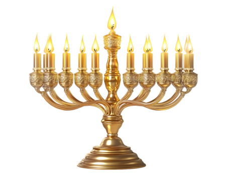 Golden menorah with lit candles, isolated on transparent or white background.