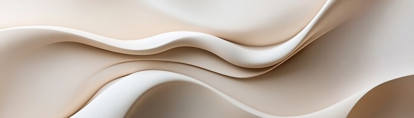 Soft, curved clay shapes in neutral shades of white, beige, and taupe create an abstract background. Gentle shadows enhance depth on a smooth light surface, offering a serene aesthetic