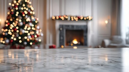 The photo features a marble table in the foreground, which is clean and glossy, while the festive background remains blurred, creating a warm and inviting ambiance.