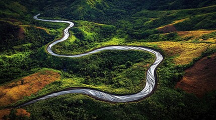 An aerial view of a winding riverbed abstractly shaped like molten silver ribbons