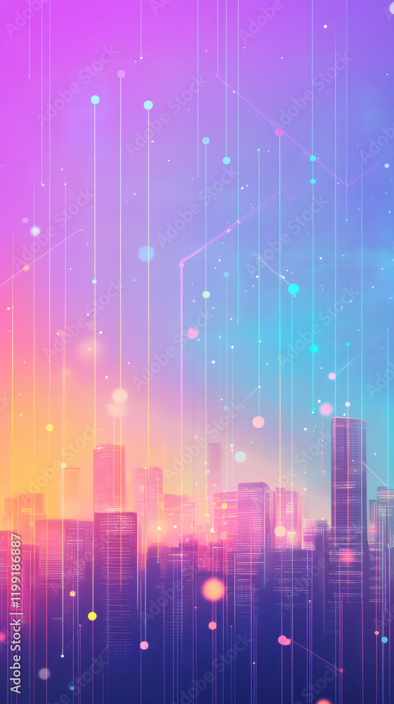 Aufkleber Modern metropolis skyline with vibrant neon lights and digital data lines, representing technological advancement and urban innovation