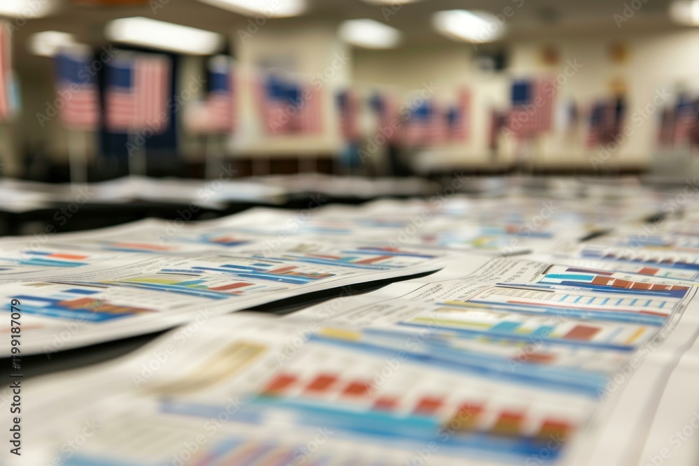 Poster business charts and graphs are displayed on a table with american flags in the background, suggestin