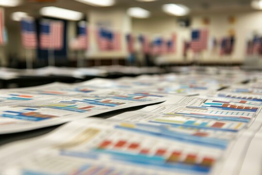 Business charts and graphs are displayed on a table with american flags in the background, suggesting a business or political meeting - Powered by Adobe