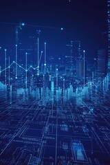 A detailed blueprint showcases real estate development plans, enhanced with digital financial graphs and data points, set against a sleek dark blue background for versatile text use