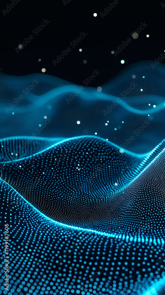 Poster abstract digital wave of blue particles flowing on a black background, creating a futuristic and tec