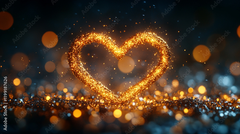 Poster golden heart shape sparkles in a dark background creating a festive atmosphere
