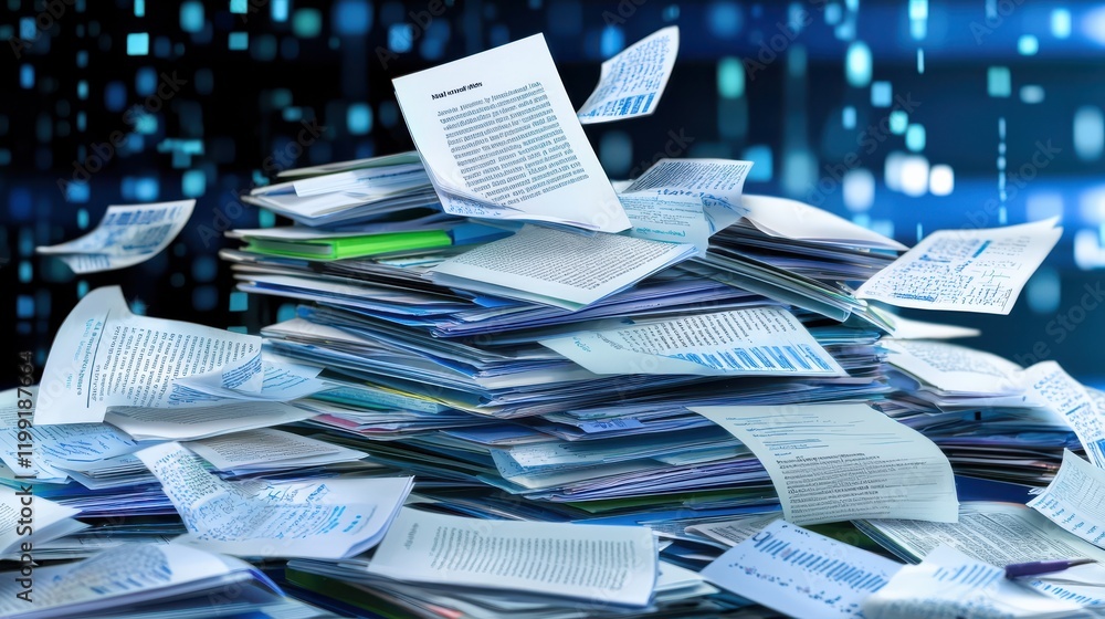 Aufkleber chaotic stack of disorganized papers with various documents scattered around, representing clutter a