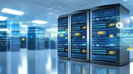 futuristic data processing center featuring glowing server racks, advanced technology, and digital interfaces. environment is sleek and modern, emphasizing innovation and efficiency
