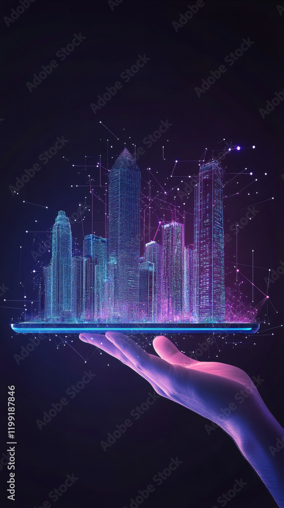 Poster Holographic projection of smart city buildings appearing on a tablet held by a hand, symbolizing innovation and future technologies