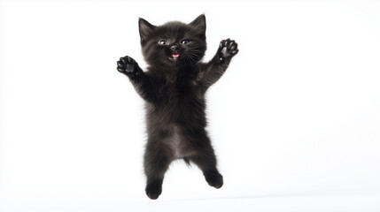 Funny black kitten leaping with its paws outstretched on white background