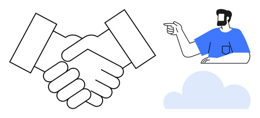 Handshake symbolizes agreement, cooperation man pointing indicates guidance, direction cloud signifies ideas, innovation. Ideal for teamwork, support, mentorship, guidance, strategy problem-solving