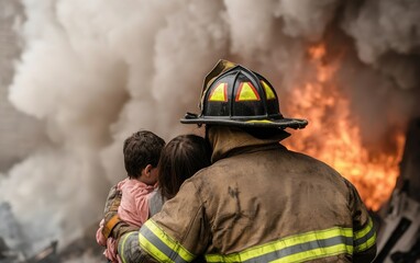 Fototapeta premium A firefighter embraces two children amidst a smoky, intense fire scene, showcasing bravery and compassion in a moment of crisis.