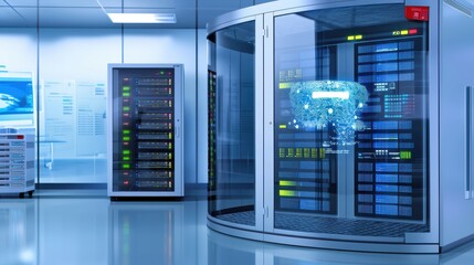 secure server room showcasing advanced technology and data storage systems. environment is modern and high tech, emphasizing security and efficiency in data management