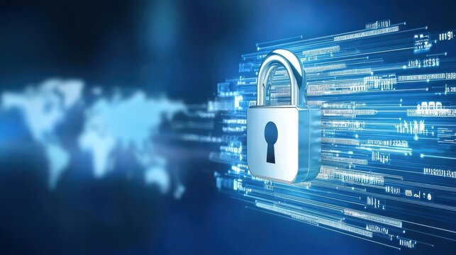 digital padlock symbolizing cybersecurity and data protection, surrounded by flowing data streams and world map in background, conveys sense of security and privacy