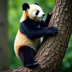 Obraz premium Giant panda ascends tree trunk, thick fur visible, green, bear