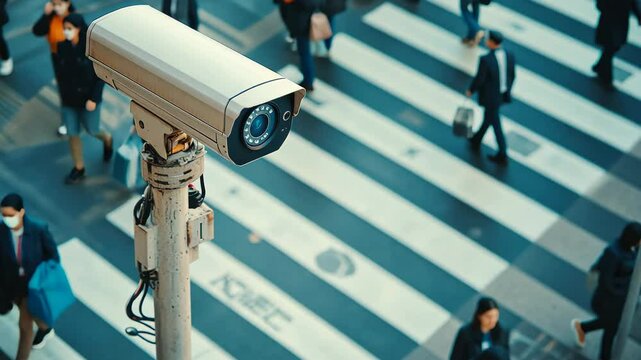 CCTV surveillance camera monitoring pedestrian traffic in urban area with facial recognition technology, CCTV urban surveillance, facial recognition AI, crowd monitoring, secure environment