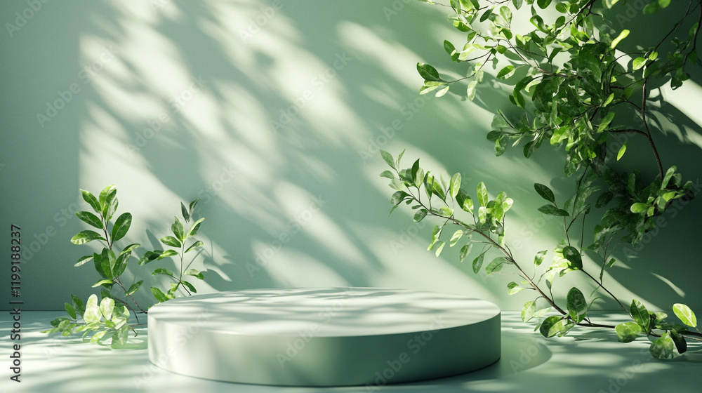 Poster fresh greenery and circular platform create a serene, natural display in modern surroundings