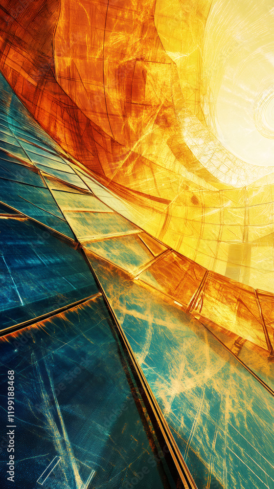 Poster Glass facade reflecting golden light creating abstract shapes, modern architecture with curved lines and geometric patterns