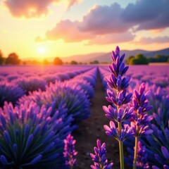 Obraz premium Golden hour light bathes purple lavender, idyllic scene, picture, peaceful