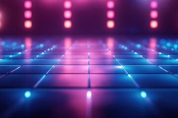 Obraz premium A vibrant dance floor shines with pulsing pink, blue, and purple lights, creating an electrifying atmosphere. The design invites movement and celebration in a lively club environment