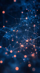 Glowing nodes and lines creating a plexus network on a dark blue background, representing connection, technology, and innovation
