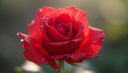 Close-up of a red rose with morning dew.