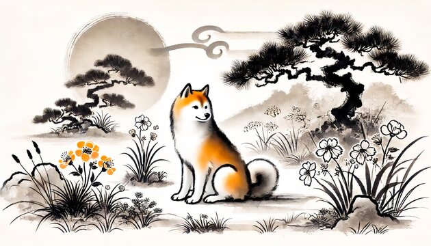Loyal Dog in Garden Under Bonsai ink art