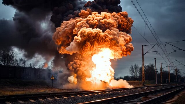 Dramatic explosion on railway tracks with scorching fireball and thick smoke