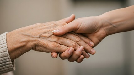 Young supporting old, a beautiful gesture of holding hands, symbolizing care and respect for the elderly in our communities