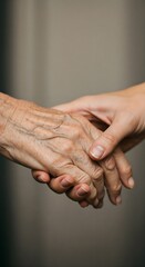 Fototapeta premium Empathy and care in action, a youthful hand intertwined with an elderly one, illustrating support and kindness in elder assistance