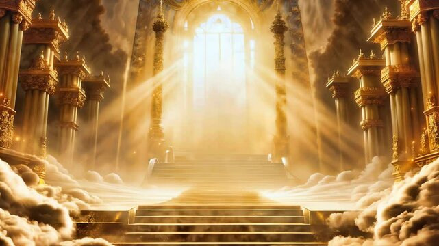 Celestial Sanctuary with tall golden pillars environment with clouds and fog effects