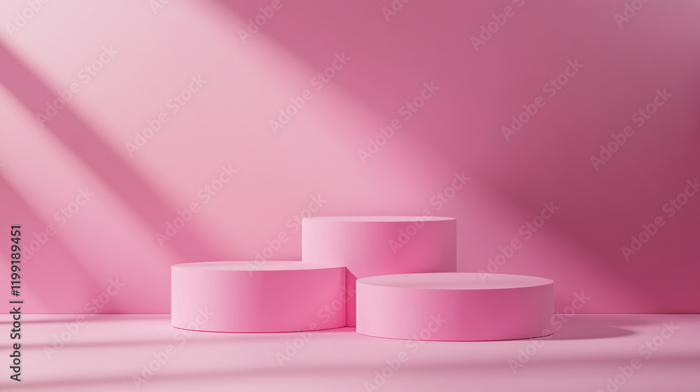 Poster three pink podiums arranged on a soft pink background in a minimalistic setting