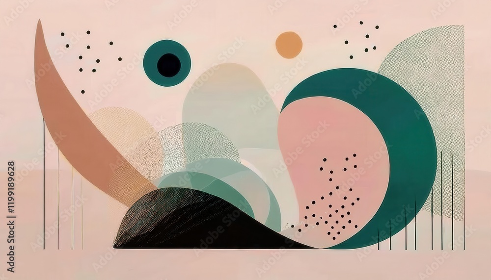 Poster abstract earthy tone composition with overlapping geometric shapes, muted circles, and flowing curved lines for modern wall decor
