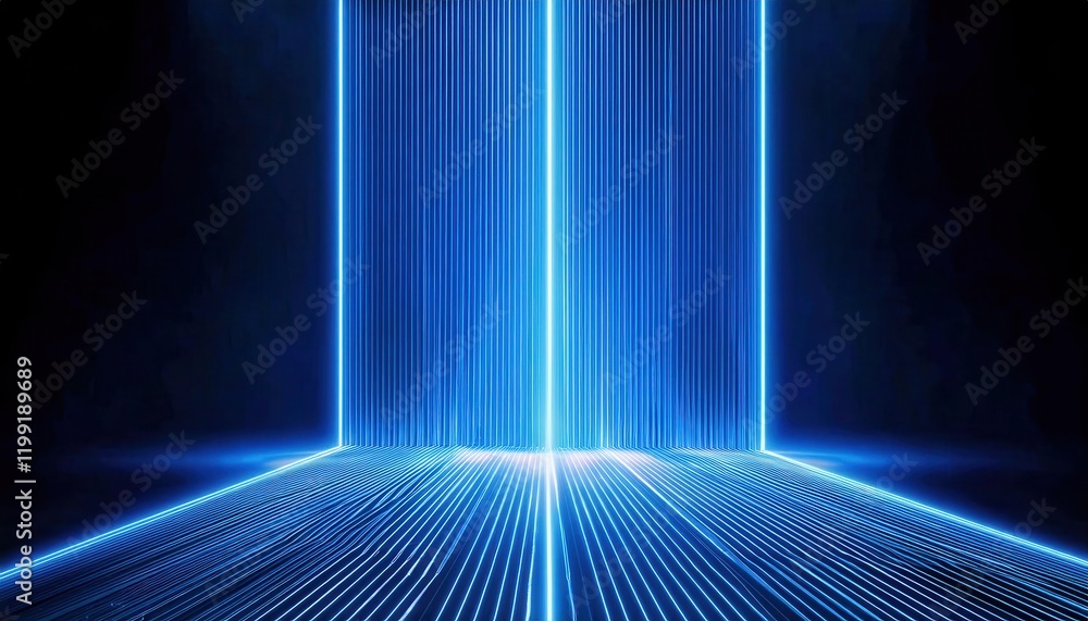 Poster futuristic glowing blue light beams converging in symmetrical geometric patterns, ideal for technolo