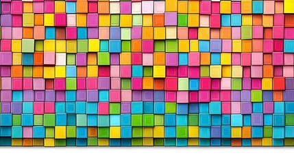 Fototapeta premium A vibrant 3D arrangement of brightly colored cubes stacked at varying heights, creating a geometric pattern