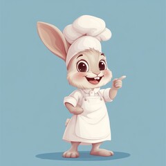 Bunny chef pointing, light blue background, for food, kitchen, or recipe images