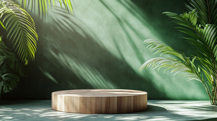 Wooden platform in a tropical setting with lush green plants and soft lighting