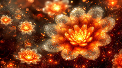 Fototapeta premium Fiery Floral Fractal: Glowing Orange Blossom, Abstract Art