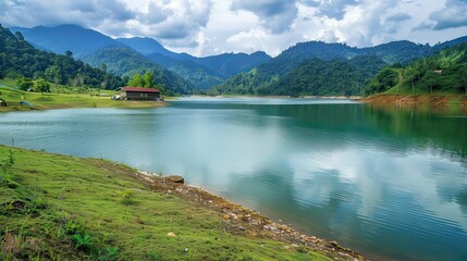 A peaceful lake surrounded by mountains and vibrant greenery.
