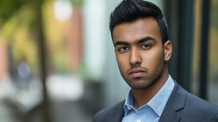 Fototapeta premium South Asian professional in business attire against modern backdrop. Ideal for corporate leadership, executive portraits, or business excellence.