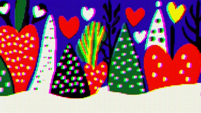 Funky pixelated hearts in vibrant colors. Digital pop art style, Pixel Art, Valentine's Day theme, cheerful greeting card, holiday banner design. 80s, 90s, Y2K, 2000s lo-fi retro 8-bit pixel style
