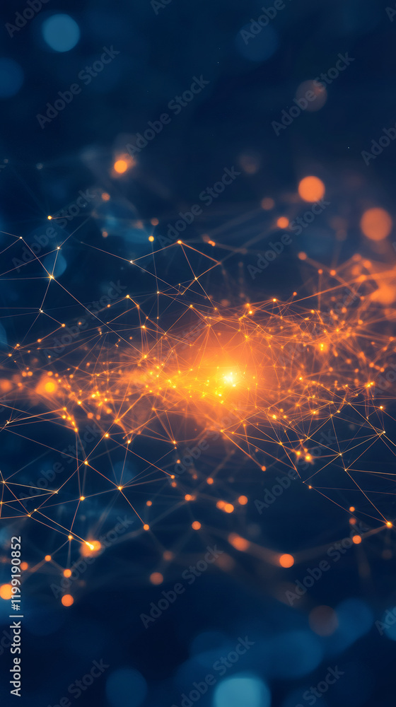 Poster Orange digital wave made of connected dots and lines flowing on dark blue background, big data visualization