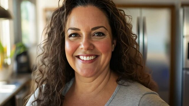Radiant Smile, Confident Woman: A close-up portrait of a mature woman with captivating brown eyes and a radiant smile, exuding confidence and warmth. Her curly brown hair frames her face.