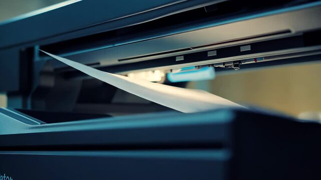 Closeup view of a copier printer scanning a document in an office setting during daytime, Closeup of copier printer, scanning document, office tool