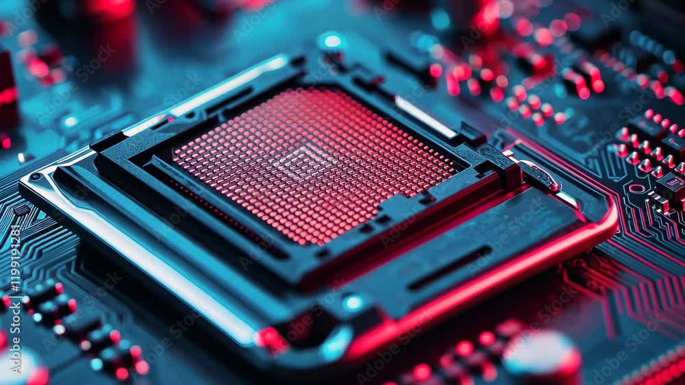 Poster closeup view of a cpu chip showcasing intricate details of computer central processing technology, c