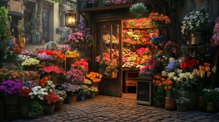 A quaint flower shop tucked in a cozy, cobblestone alley, with vibrant bouquets spilling out onto the sidewalk. 