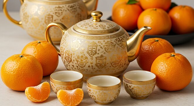 Elegant Traditional Chinese Tea Set with Gold Patterns, Accented by Fresh Oranges and Tangerines